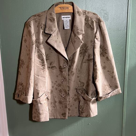 Perceptions Size 15 Taupe Linen Floral Blazer Jacket Professional - Picture 1 of 4
